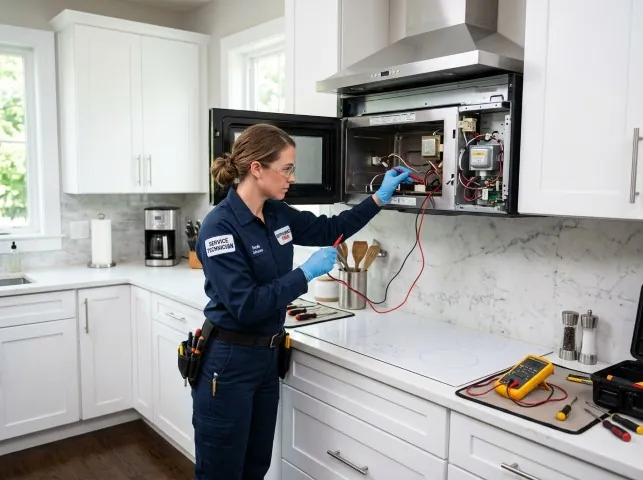 Appliance Repair Hero technician testing an over-the-range microwave in a Biscoe, AR kitchen